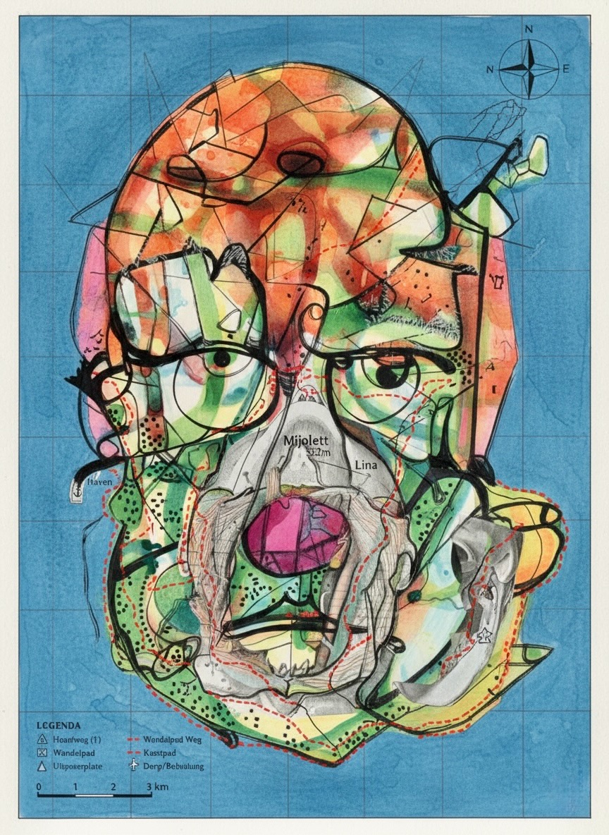 The portrait of Rik Lina redrawn as an island map